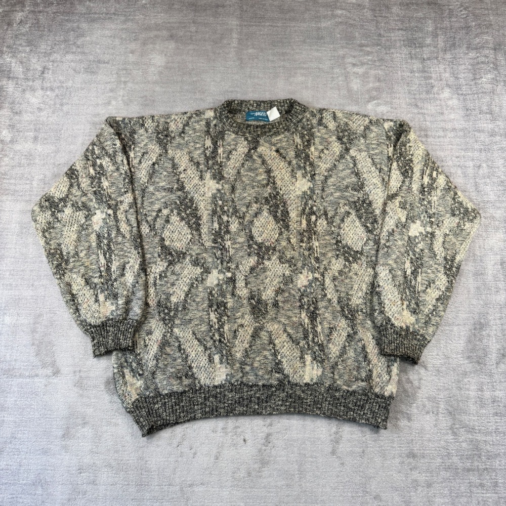 Signor Angelo Sweater Mens XL Grey Geometric Knit Crewneck Italy VTG 90s Grandpa